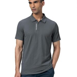 TECHNOSPORT Men’s Slim Fit Textured Half Sleeve Zipper Polo T-Shirt with Quick Dry, UPF50+ for Sports & Regular Use