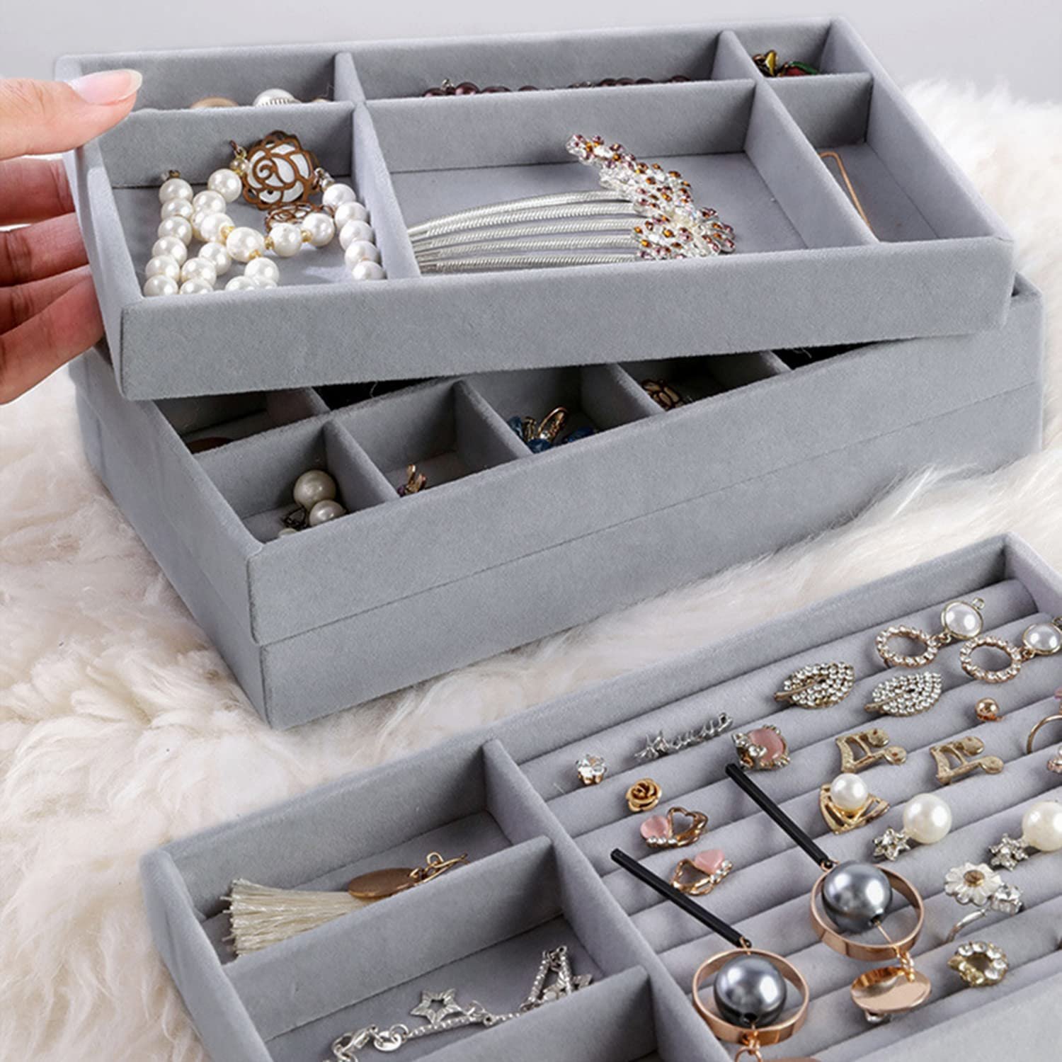 Jewelry Organizer for Drawers Tray Jewelry Stackable Jewelry Organizer for Storage and Display Earrings Necklaces 4PCS (Gray) - Image 6
