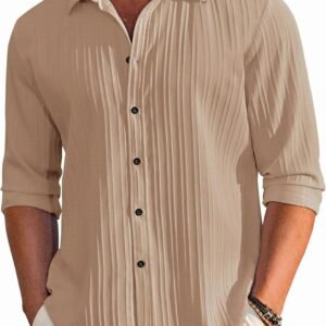 DEELMO Men’s Casual Button Down Shirts Long Sleeve Linen Shirt Fashion Textured Beach Summer Shirt