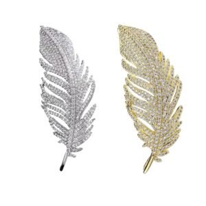 2PCS Brooch Pin For Women(White & Gold), Rhinestone Feather Brooch For Men, Elegant Decorative Broches Para Ropa De Mujer, Hat Pins Gift For Anniversary And Special Occasions