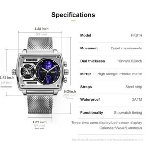 FEICE Wathes for Men Digital LED Analog Quartz Wristwatch Business Men’s Watch Multifunction Square Chronograph 24H Calendar Stainless Steel Band Waterproof Unique FK814