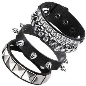 KalamkariX 3PCS Punk Bracelet, Gothic Jewellery Set, Punk Leather Bracelet for Men and Women, Stylish Wrist Band with Rivet and Studs, Adjustable Punk Rock Accessories