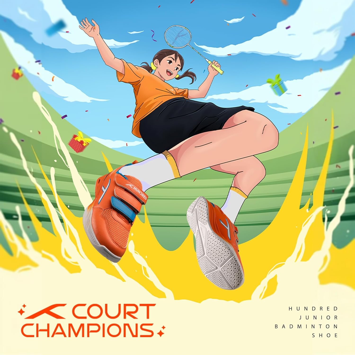 Hundred Court Champions Unisex Non-Marking Court Shoes | Badminton, Pickleball, Table Tennis & Other Indoor Sports | Lightweight, Cushioned GripOrange/Blue/White ; UK 3 - Image 2