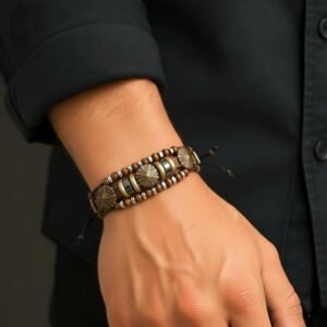 THE MEN THING TERRA BROWN – Genuine Leather Multi-Layer Beads Bracelet with Adjustable Rope for Men & Boys