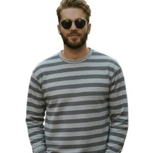 Mack Jonney Men’s Black Cotton Full Sleeve T-Shirt | Soft Breathable Casual Wear | Stylish Striped Round Neck Tshirt-JMAK-138
