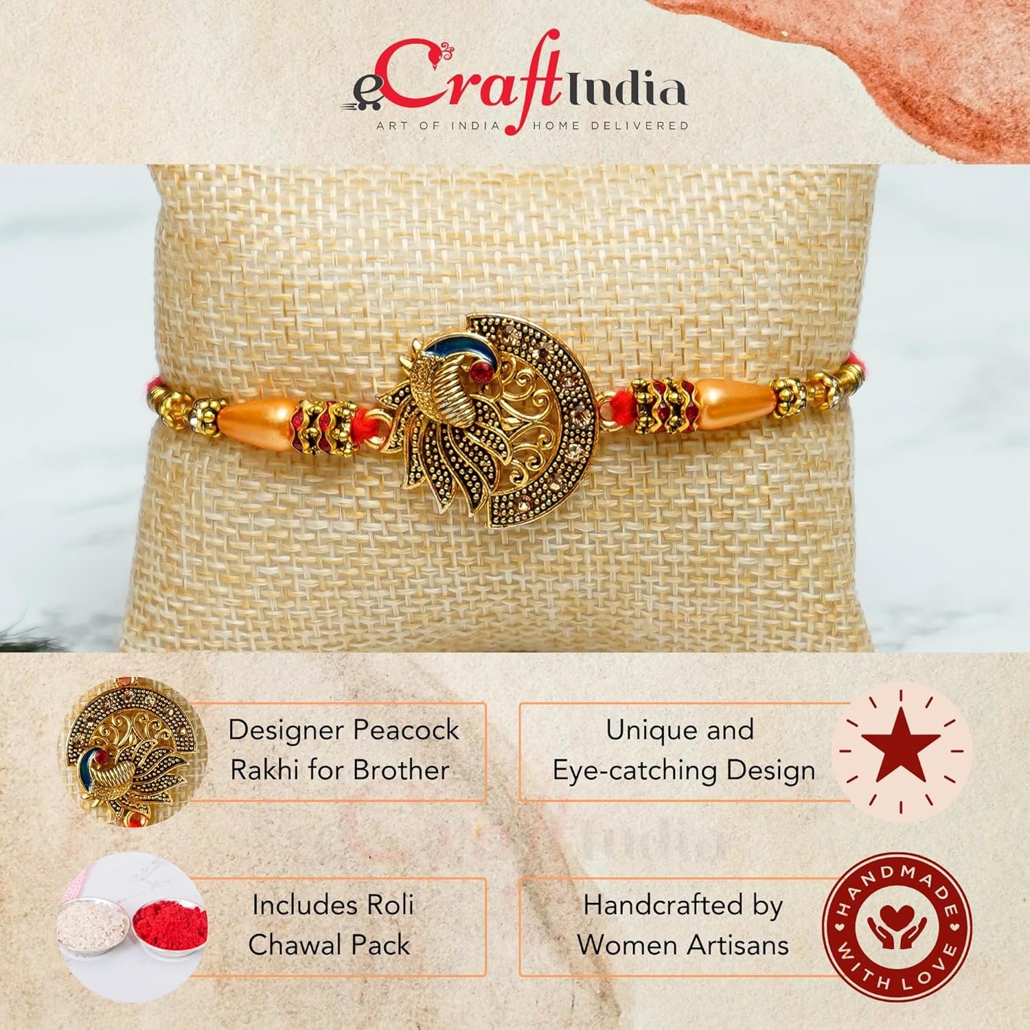 eCraftIndia Designer Peacock Rakhi with Best Bro Ever Fridge Magnet and Roli Chawal Pack - Rakhis for Brother, Bhabhi, Kids - Image 4