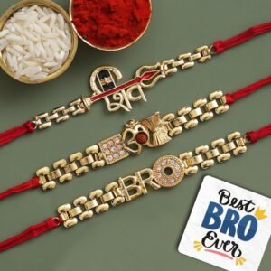 eCraftIndia Set of 3 Golden & Red Lord Shiv Damru, Om, Bro Designer Religious Rakhis, Best Bro Ever Fridge Magnet with Roli Chawal Pack – Rakhi for Brother, Bhaiya, Bhai