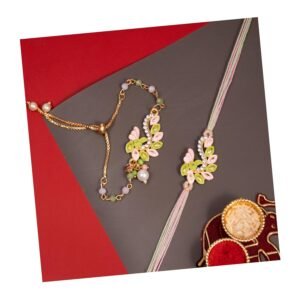 Bhaiya Bhabhi Rakhi Set – Designer Rakhi for Brother and Bhabhi with Lumba, Roli & Chawal, Skin-Friendly Handmade Thread Bracelets, Elegant Rakshabandhan Gift Combo