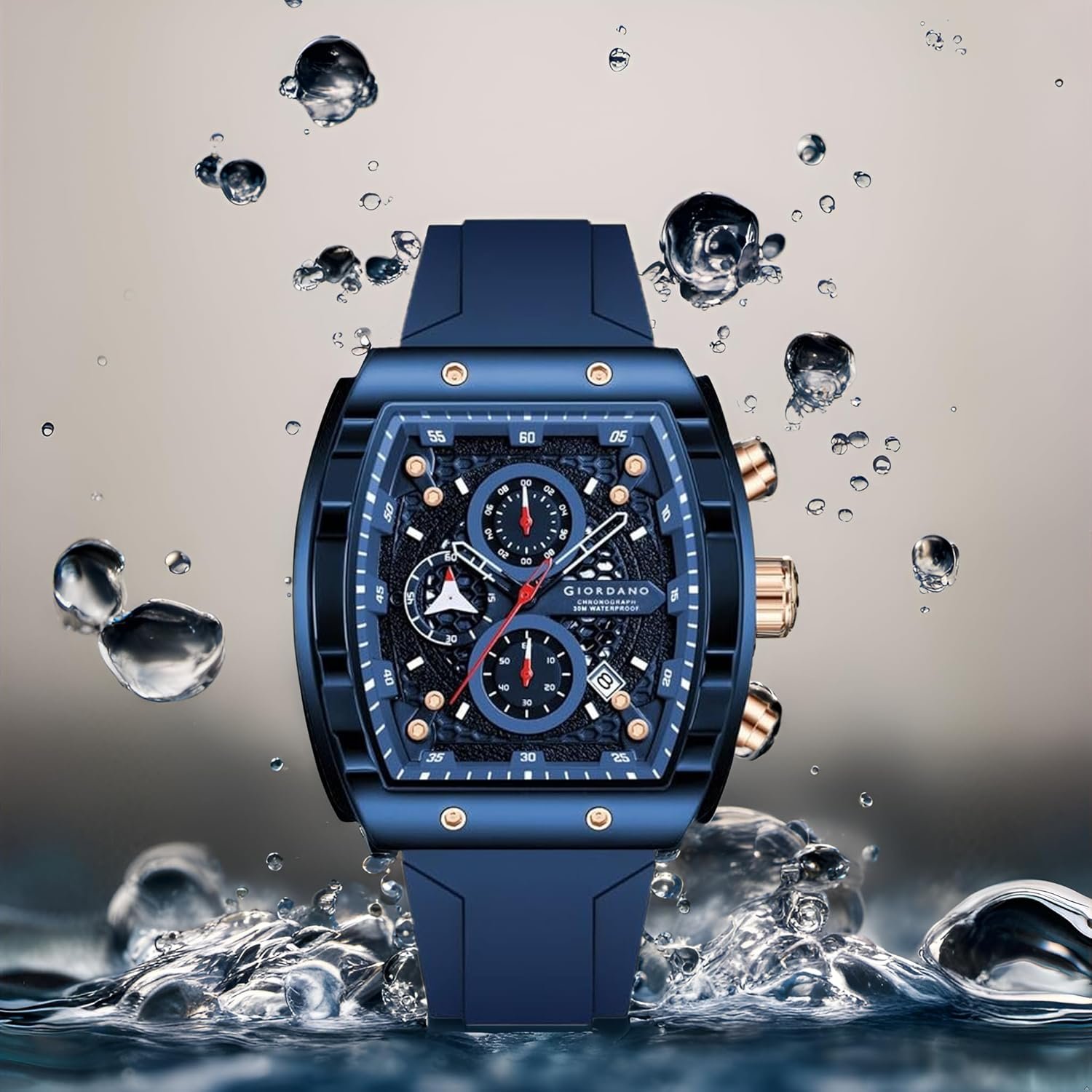 Giordano Square Dial Multifuncational Watch for Men with Stylish Design, Waterproof, Date Display & Silicone Strap - Image 2