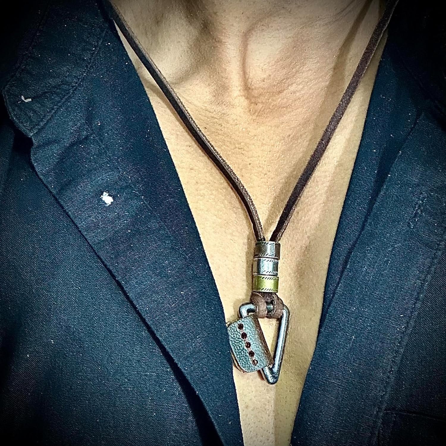 THE MEN THING TRIGON BROWN - Vintage Alloy Triangle Pendant with Adjustable Pure Leather Cord Necklace for Men & Boys - Image 2