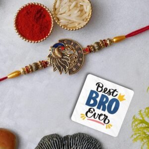 eCraftIndia Designer Peacock Rakhi with Best Bro Ever Fridge Magnet and Roli Chawal Pack – Rakhis for Brother, Bhabhi, Kids