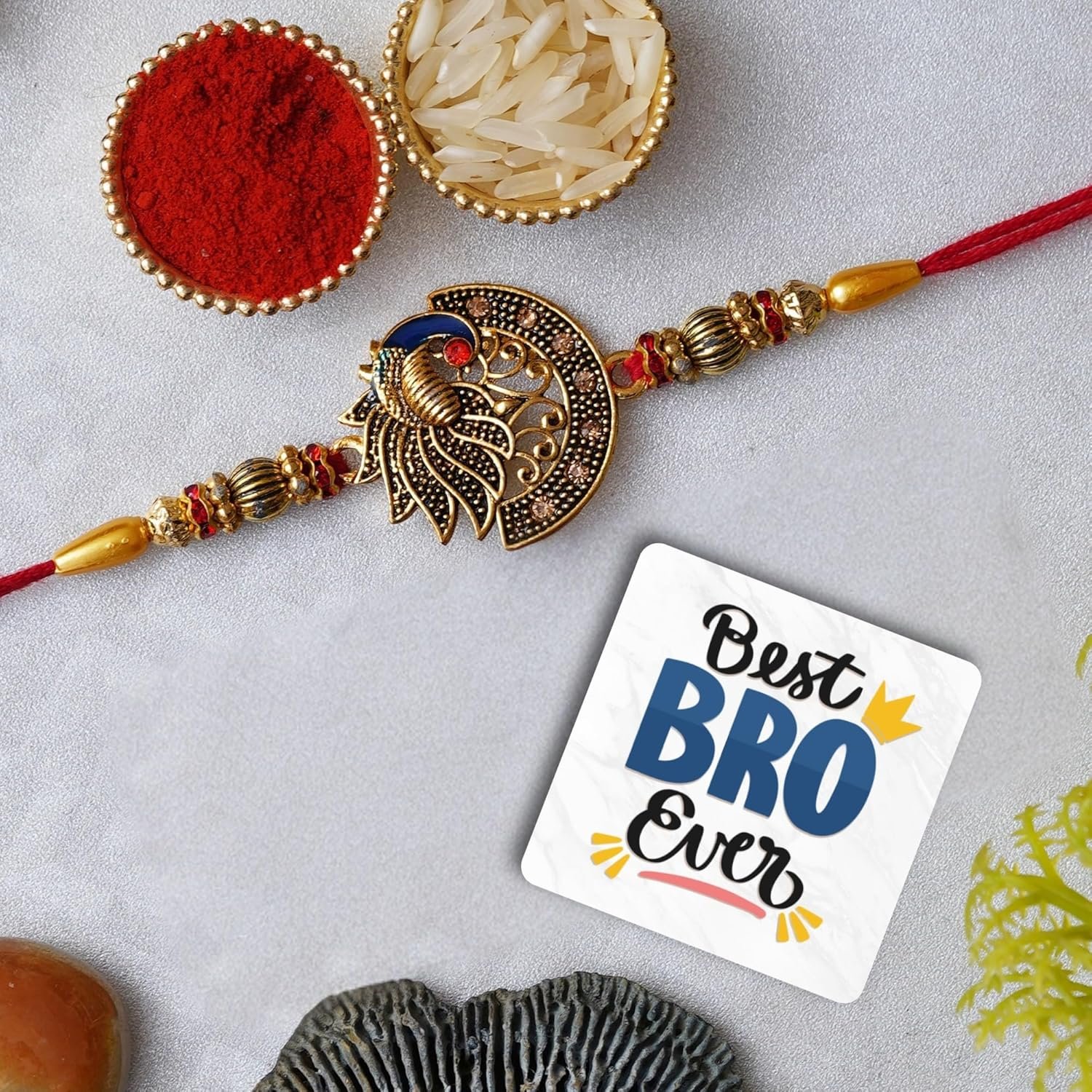 eCraftIndia Designer Peacock Rakhi with Best Bro Ever Fridge Magnet and Roli Chawal Pack - Rakhis for Brother, Bhabhi, Kids
